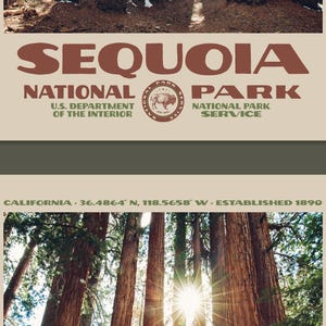Puede incluir: Un p&oacute;ster con el texto "SEQUOIA NATIONAL PARK" en marr&oacute;n. Presenta el sello del Departamento del Interior de EE. UU. y el logotipo del Servicio de Parques Nacionales. La parte inferior muestra una escena de bosque con luz solar y texto.