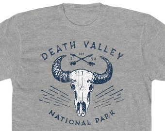 Death Valley National Park T Shirt for Men • 100% Cotton Crew Tee • Heather Grey • Retro Skull Design