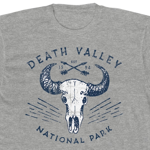 Death Valley National Park T Shirt for Men • 100% Cotton Crew Tee • Heather Grey • Retro Skull Design
