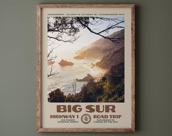 Big Sur Highway 1 Road Trip Poster • Retro NPS Print • Nature Photography Fine Art • Vintage National Park Design • California Coast Sunset