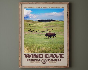 Wind Cave National Park Poster • Retro NPS Print • Nature Photography Fine Art • Vintage National Park Design • South Dakota Bison Photo