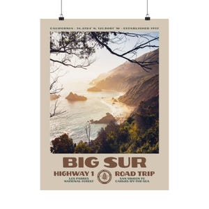 Poster per un viaggio in auto sulla Highway 1 a Big Sur • Stampa retrò del Parco Nazionale • Fotografia naturalistica artistica • Design vintage del Parco Nazionale • Tramonto sulla costa californiana immagine 10