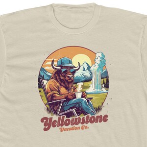 Yellowstone Vacation Co T Shirt for Men • 100% Cotton Crew Tee • Cream Color • Retro National Park Graphic Tee