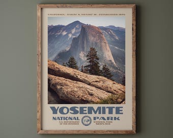 Poster del Parco Nazionale di Yosemite • Stampa retrò NPS • Fotografia naturalistica artistica • Decorazione per la casa • Design vintage del Parco Nazionale • Foto Half Dome