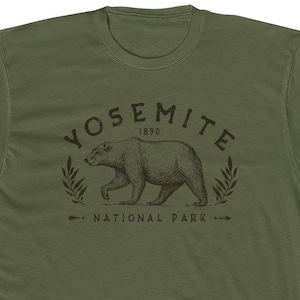 Yosemite National Park T Shirt for Men • 100% Cotton Crew Tee • Army Green • Retro Design