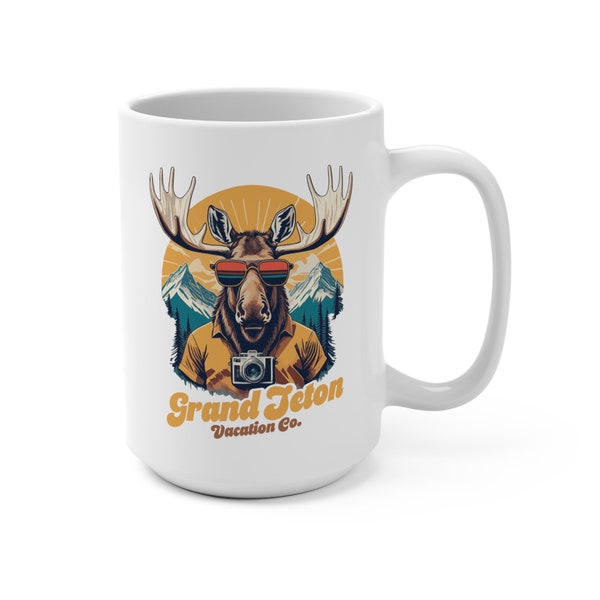 Grand Teton National Park Mug • Tall 15 oz Ceramic Coffee Mug • Large 4-Finger Handle • Retro Grand Teton Vacation Co Design