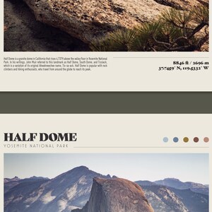 May include: A poster featuring a photograph of Half Dome in Yosemite National Park. The image includes text with the name of the landmark, its location, and elevation in feet and meters. The poster has a neutral color palette.
