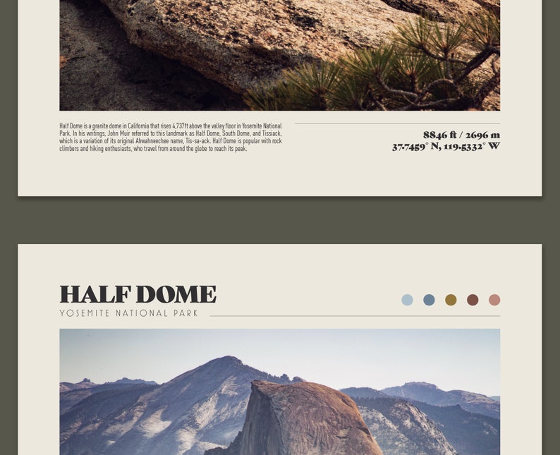 May include: A poster featuring a photograph of Half Dome in Yosemite National Park. The image includes text with the name of the landmark, its location, and elevation in feet and meters. The poster has a neutral color palette.
