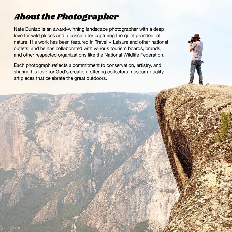 May include: A landscape photograph featuring a photographer standing on a cliff edge, capturing a mountain range. The image includes text that reads "About the Photographer" and details about Nate Dunlap's work in landscape photography.