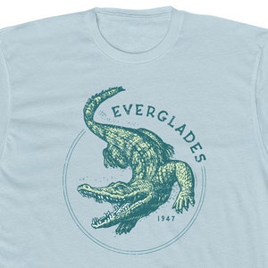 Everglades National Park T Shirt for Men • 100% Cotton Crew Tee • Light Blue • Retro Alligator Design