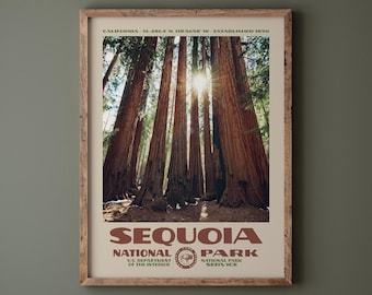 Poster del Parco Nazionale di Sequoia • Stampa retrò del NPS • Fotografia naturalistica artistica • Decorazione per la casa • Design vintage del Parco Nazionale • Alberi giganti