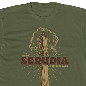 Sequoia National Park T Shirt for Men • 100% Cotton Crew Tee • Army Green • Retro Sequoia Tree Design