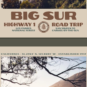 Poster per un viaggio in auto sulla Highway 1 a Big Sur • Stampa retrò del Parco Nazionale • Fotografia naturalistica artistica • Design vintage del Parco Nazionale • Tramonto sulla costa californiana immagine 6