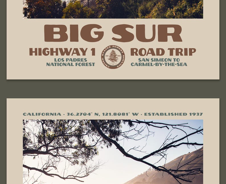 Poster per un viaggio in auto sulla Highway 1 a Big Sur • Stampa retrò del Parco Nazionale • Fotografia naturalistica artistica • Design vintage del Parco Nazionale • Tramonto sulla costa californiana immagine 6