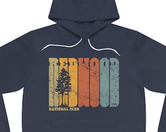 Redwood National Park Hooded Sweatshirt for Men & Women • Unisex Sponge Fleece Pullover Hoodie • Navy Blue • Retro Tree Design