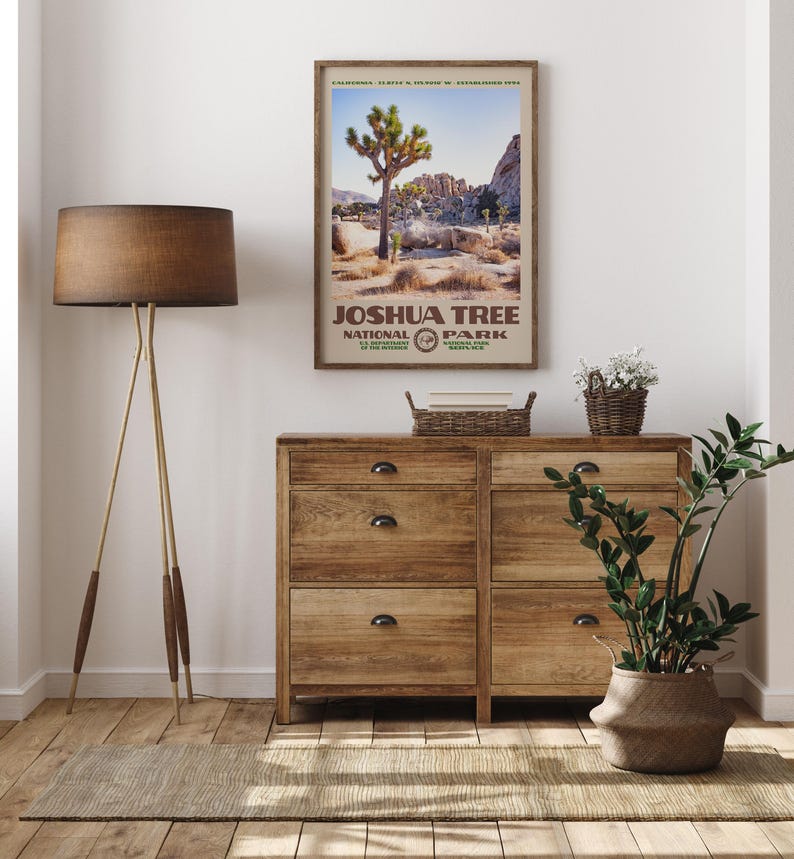 May include: A framed poster of Joshua Tree National Park hangs above a wooden dresser. The poster features a Joshua tree, desert landscape, and text. A floor lamp with a brown shade and a potted plant are also in the room.