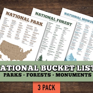 National Bucket List Bundle [3er Pack] • 2022 Vollständige Liste • Nationalparks / Wälder / Denkmäler • DRUCKBARE Checkliste & Karte • US Letter PDF