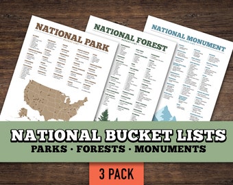 National Bucket List Bundle [3er Pack] • 2022 Vollständige Liste • Nationalparks / Wälder / Denkmäler • DRUCKBARE Checkliste & Karte • US Letter PDF