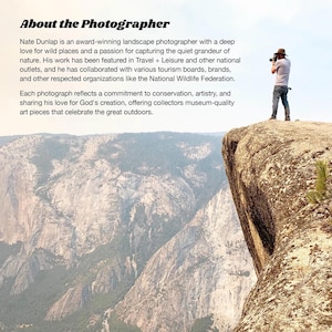 May include: A landscape photograph featuring a photographer in a hat and light-colored clothing standing on a rocky cliff edge, capturing a vast mountain valley. The text About the Photographer and a biography of Nate Dunlap are included.