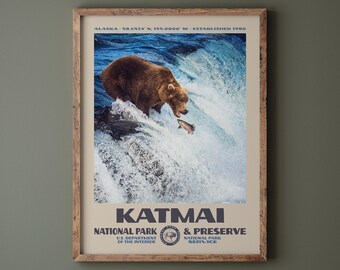Katmai National Park & Preserve Poster • Retro NPS Print • Nature Photography Fine Art • Vintage National Park Design • Alaska Bear Photo