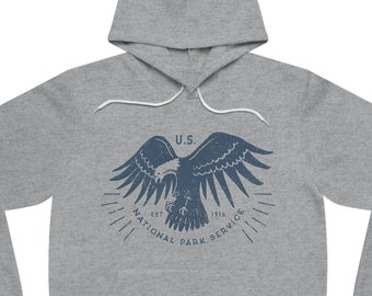 National Park Service Hooded Sweatshirt for Men & Women • Unisex Sponge Fleece Pullover Hoodie • Athletic Heather Gray • Retro NPS Design