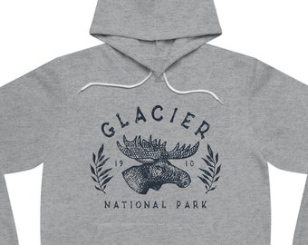 Glacier National Park Hooded Sweatshirt for Men & Women • Unisex Sponge Fleece Pullover Hoodie • Athletic Heather Gray • Retro Moose Design