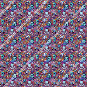 May include: A colourful, repeating pattern featuring illustrations of horror movie characters, including clowns, masked figures, and dolls, set against a floral background. The design is a mix of bright blues, pinks, and yellows.