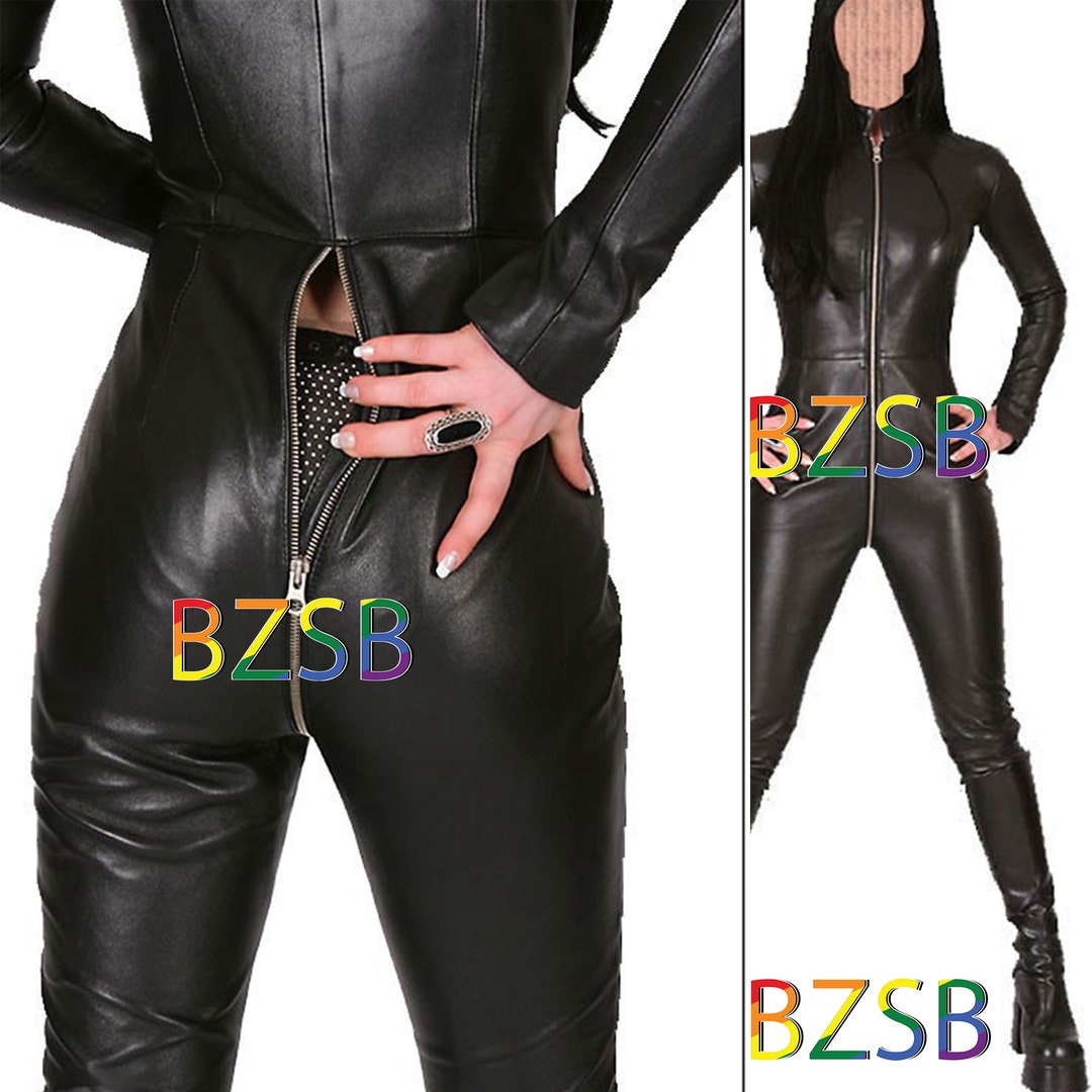 New Hot Black Leather Jumpsuit Zipper Leather Catsuit Full Body