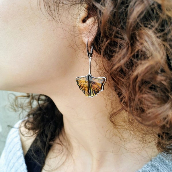 Earrings • Ginkgo leaf • Baltic amber and silver