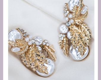 Gold Leaf Pearl Drop Bridal Earrings