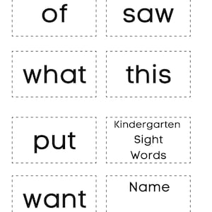 Puede incluir: Hoja de trabajo en blanco y negro con las palabras "of", "saw", "what", "this", "put", "want" y "Kindergarten Sight Words". Hay una l&iacute;nea en blanco para un nombre.