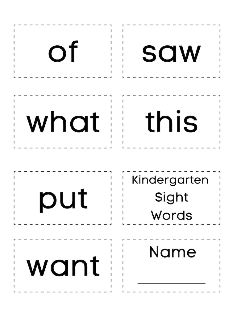 Puede incluir: Hoja de trabajo en blanco y negro con las palabras "of", "saw", "what", "this", "put", "want" y "Kindergarten Sight Words". Hay una l&iacute;nea en blanco para un nombre.