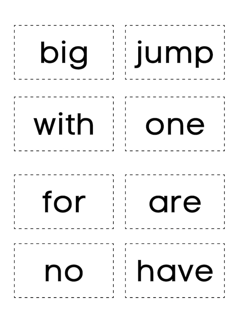 Puede incluir: Ocho tarjetas de memoria en blanco y negro con las palabras "big", "jump", "with", "one", "for", "are", "no" y "have" impresas en ellas.