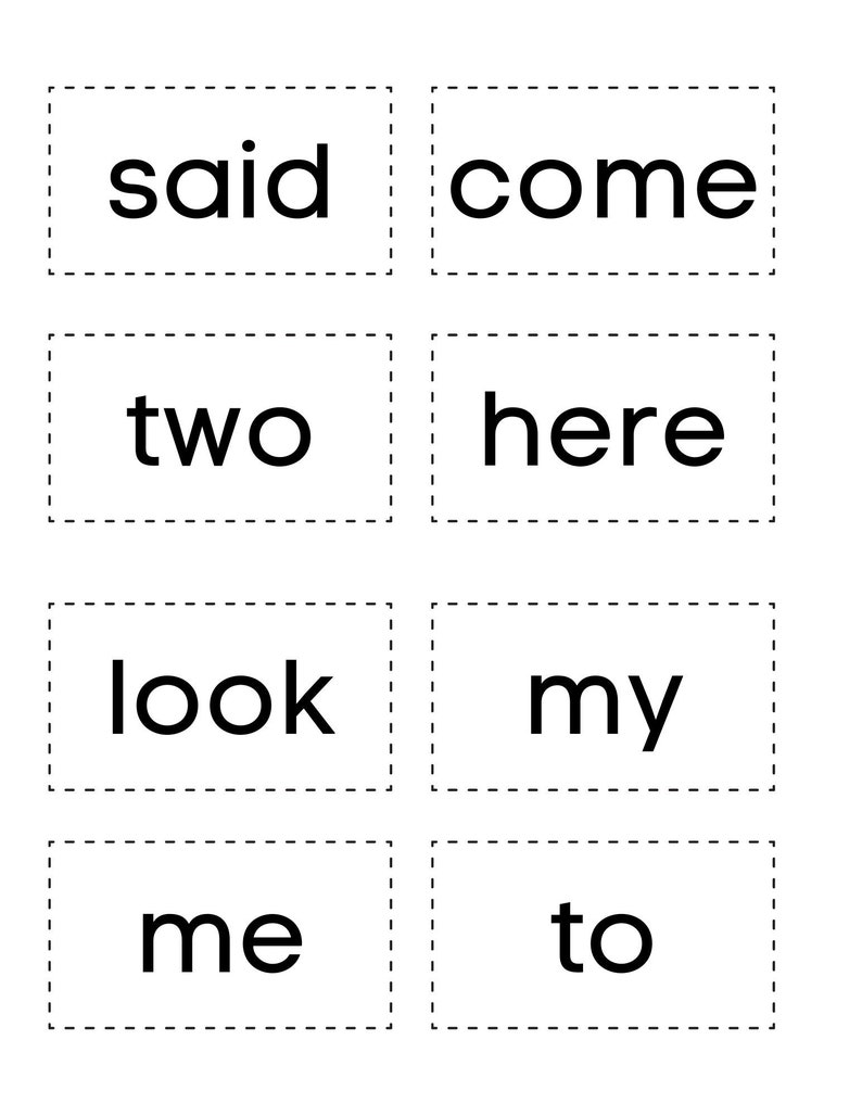 Puede incluir: Un conjunto de ocho tarjetas de memoria con las palabras "said", "come", "two", "here", "look", "my", "me" y "to" impresas en ellas.