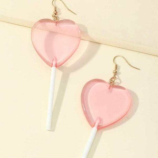 Pink Heart Lollipop Sweets Cute Food Kawaii Dangle Drop Earrings | Candy Sucker Acrylic Big Oversized Transparent Fun Quirky Jewellery