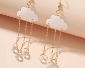 Raindrop Cloud Dainty Cute Iridescent Cloud Drop Earrings | Teardrop Raincloud Weather Rain Acrylic Fun Dangle Earrings | Gift Idea for Her