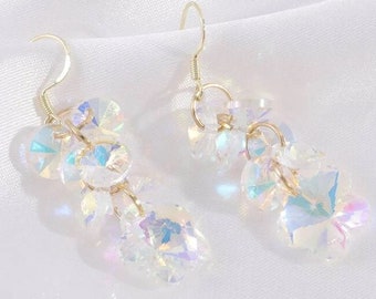 Iridescent Crystal Flower Diamond Dangle Drop Earrings | Shimmer Shiny Dainty Cute Jewellery Gift for Her | Fun Present Idea