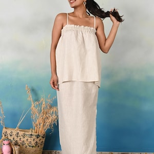 Linen two-piece Set, Natural Linen Top and Skirt Set – Strap Top and Maxi Skirt Co-ord, Summer Two Piece Outfit, Long slit straight skirt,