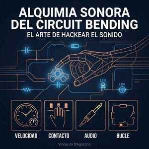Puede incluir: Un póster gráfico azul oscuro titulado ALQUIMIA SONORA DEL CIRCUIT BENDING EL ARTE DE HACKEAR EL SONIDO. Presenta una mano de estructura alámbrica tocando un icono de coche, líneas de circuito y cuatro iconos cuadrados etiquetados VELOCIDAD, CONTACTO, AUDIO y BUCLE.