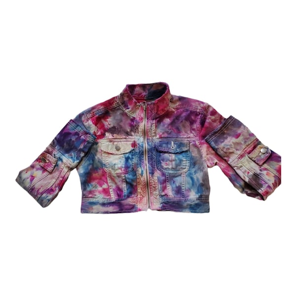 Upcycled women's watercolor tie dye cropped embroidered jacket