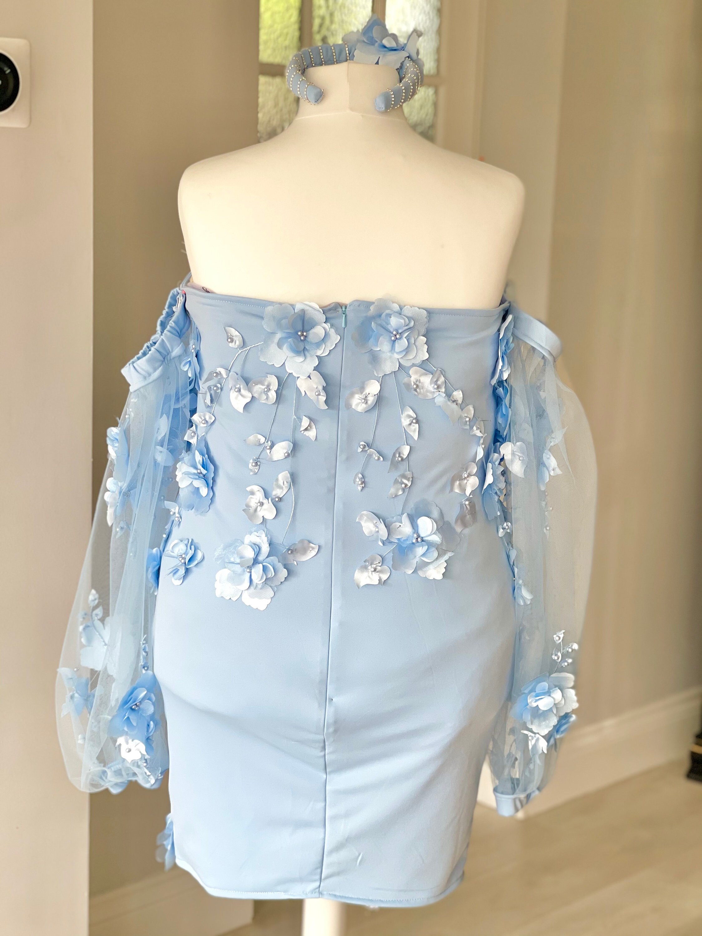 Stunning blue floral stretch fabric with off shoulder sleeves Etsy