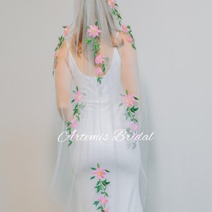 Handcrafted Pink Blossom Wedding Veil: Floral Cathedral Veil