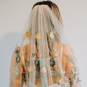 Maria Veil - Allover Lace Veil Floral Veil Flower Veil Embroidered Veil 3D Flower Veil