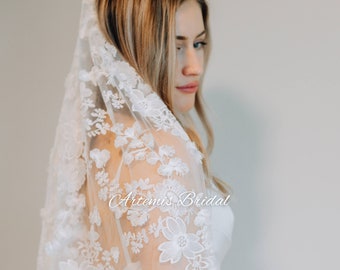 Nora Veil - Floral Veil, Embroidered Veil, cathedral veil, cathedral wedding veil, bride cape, all over lace veil