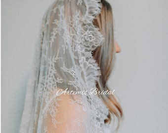 Lucille Mantilla Veil - Chantilly Lace Mantilla Wedding Veil, Embroidered Cathedral Bridal Veil, Scalloped Edge Veil, Vintage Lace Veil