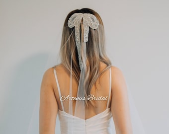 Zoey - Veil With Bow, Beaded Veil, Rhinestoned Veil