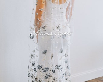 Sapphire Veil - Dusty Blue Floral Wedding Veil, Veil with Blue Flowers, Waltz Length Veil, Embroidered Veil, Floral Wedding Veil
