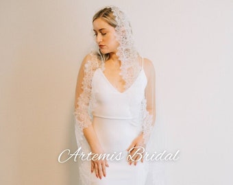 Olivia - Mantilla Veil with Eyelash lace, Cathedral Veil, Veil with Lace Trim, Chantilly Lace