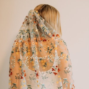 Ella - Embroidered Veil, Floral Veil, Cathedral Veil, Wildflower Veil, Chapel Veil, Fingertip Veil, Colorful Veil