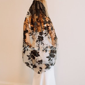 Embroidered Black Floral Wedding Veil: Unique Bridal Veil